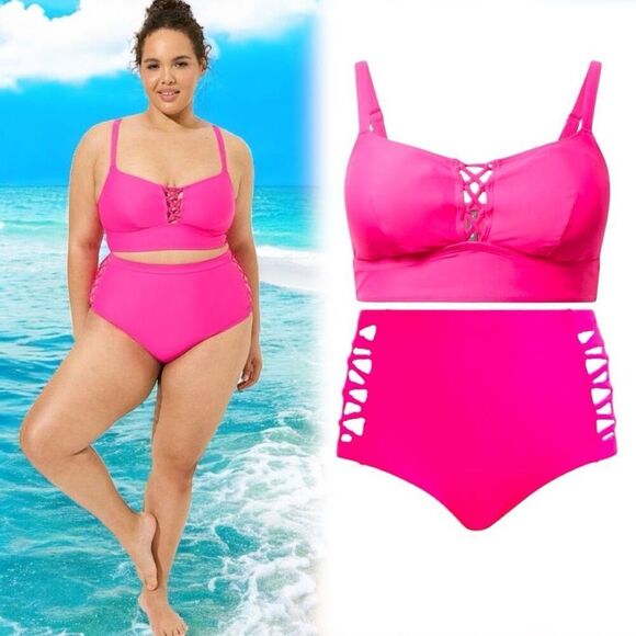 Torrid Pink Bikini Set: Wireless Strappy Lace Up Top & High Rise Bottoms Size 1 - Picture 1 of 16